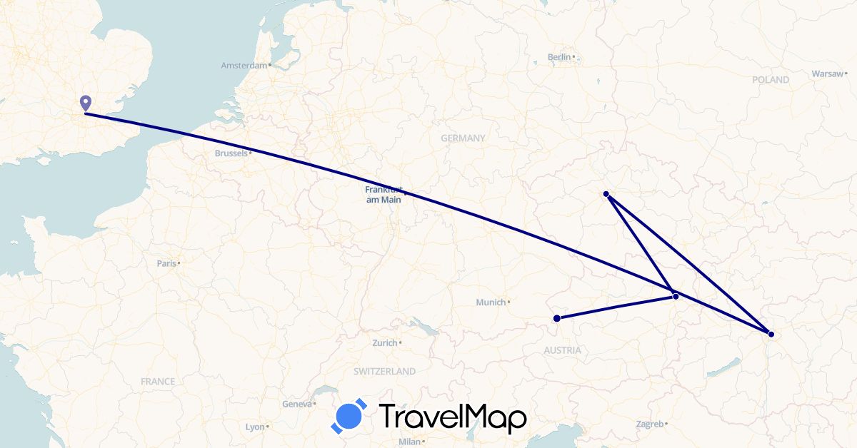 TravelMap itinerary: driving in Austria, Czech Republic, United Kingdom, Hungary (Europe)